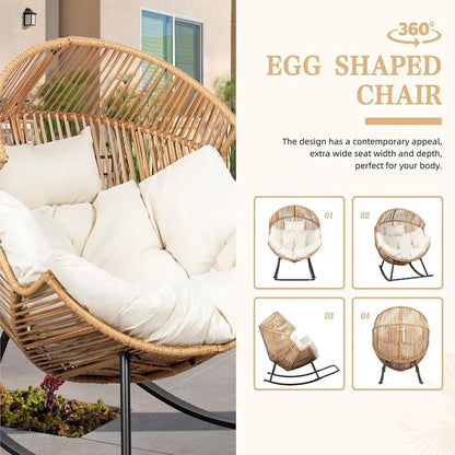 TIFICY Rattan Rocking Egg Chair with Cushion, Oversized Patio Lounge Rocker for Outdoor, Indoor, Balcony, Backyard, Garden, Beig