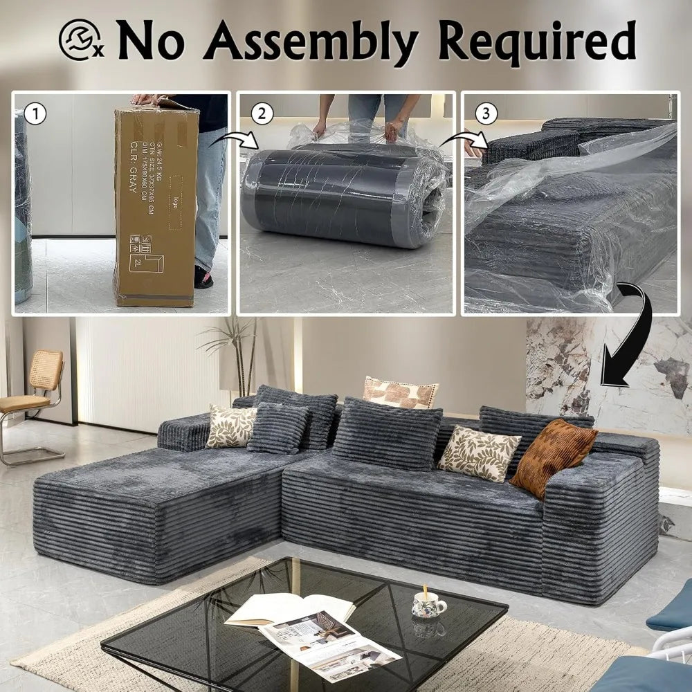 Grey sectional couches for Living Room-Corduroy Couch，104 Cloud Sectional Couch with L-Shape Chaise， Modern Modular Sofa, Deep S