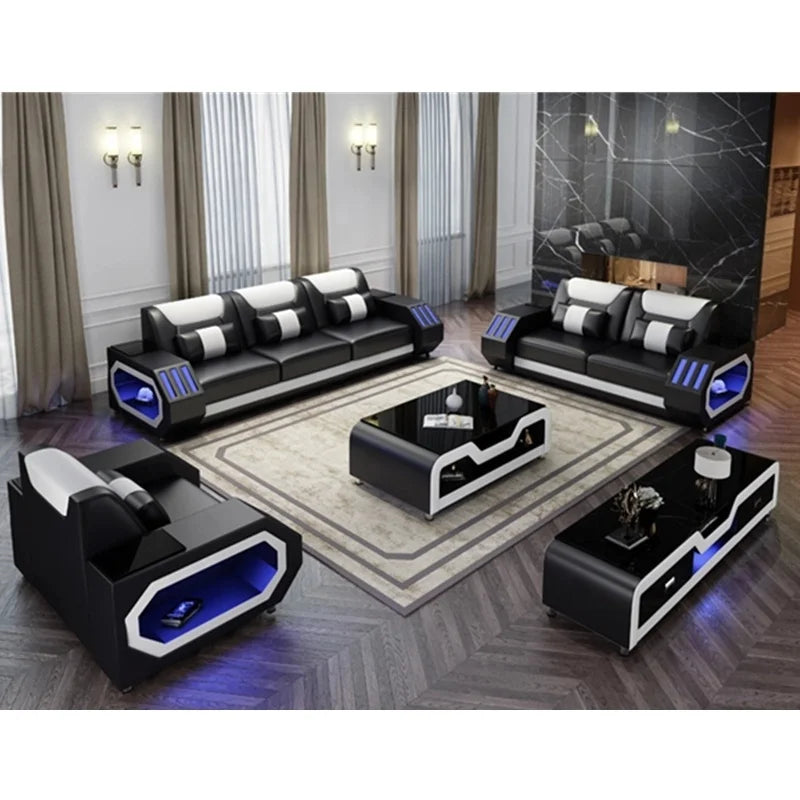 European Design Style LED Electric Sectional Sofa Set Top Microfiber Leather Home Furniture For Luxury Villa Living