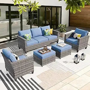 Patio Furniture Set, 5 Pieces Outdoor Wicker Sofa Couch with Chairs, Ottomans and Comfy Cushions, All Weather High Back Rattan