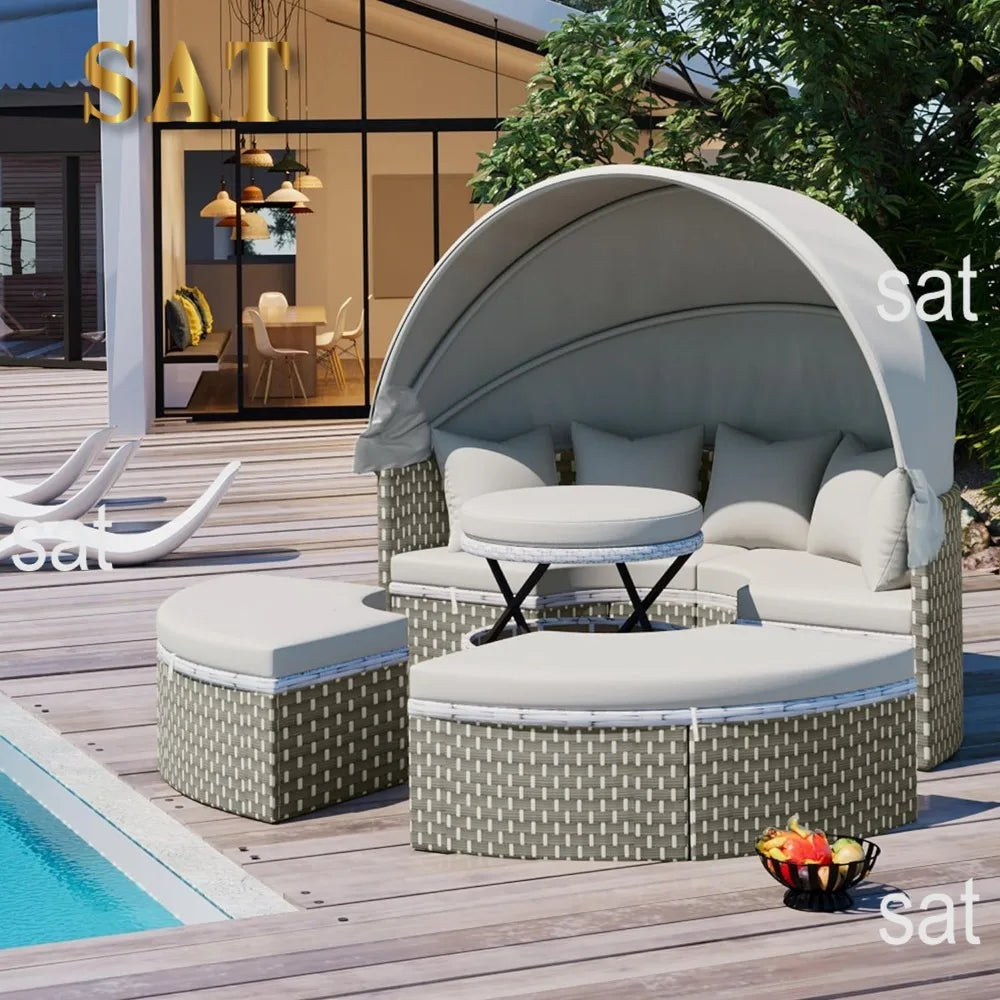 %a Patio Rattan Sunbed with Retractable Canopy, Round Outdoor Sectional Sofa Set with Separate Seating,liftable Table and Remov