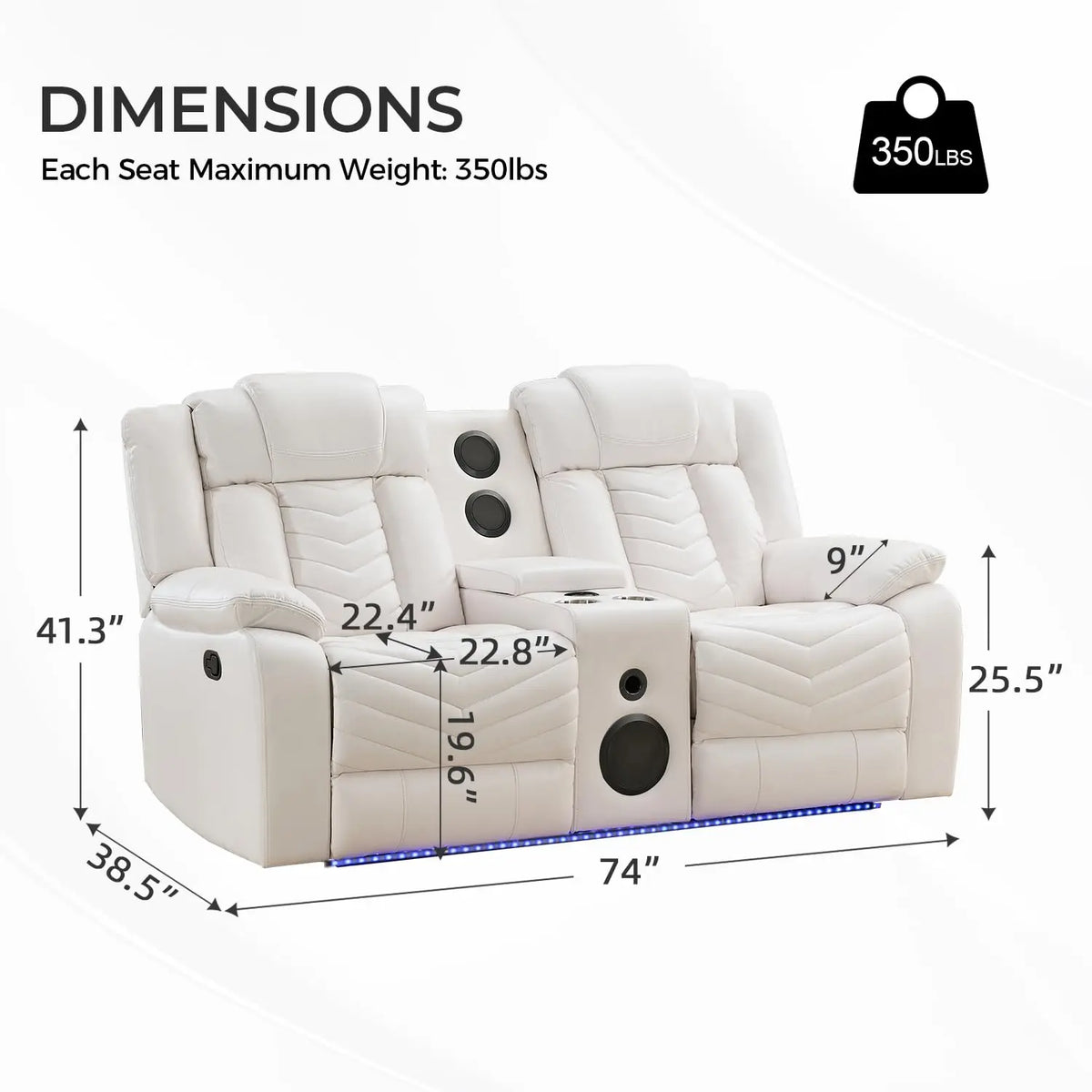TODRANI Manual Recliner Loveseat with Bass Speaker, Faux Leather Reclining Love Seat with LED Lights, USB Charger, Cup Holder