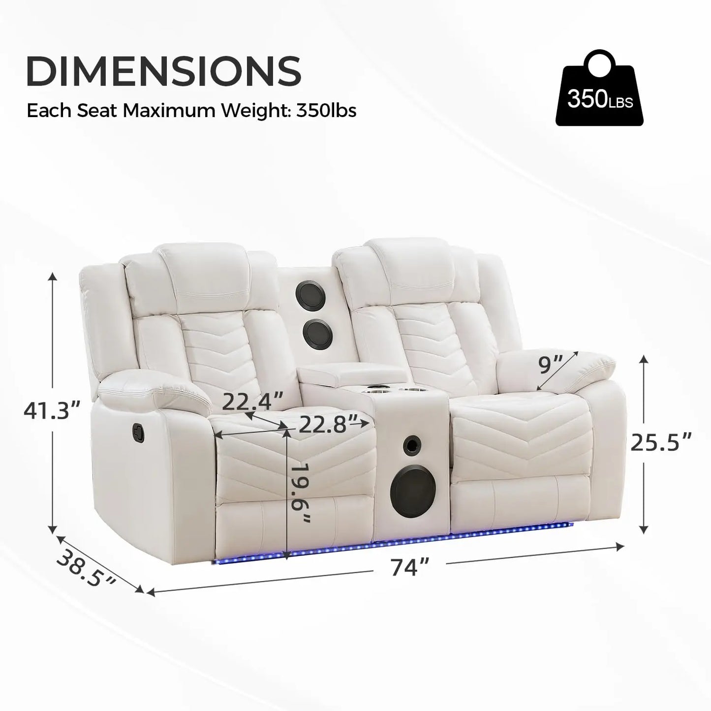 TODRANI Manual Recliner Loveseat with Bass Speaker, Faux Leather Reclining Love Seat with LED Lights, USB Charger, Cup Holder