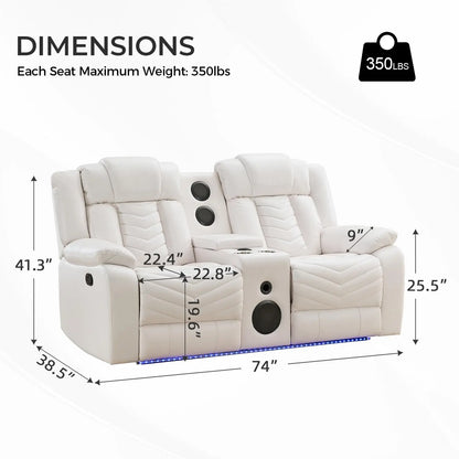 TODRANI Manual Recliner Loveseat with Bass Speaker, Faux Leather Reclining Love Seat with LED Lights, USB Charger, Cup Holder