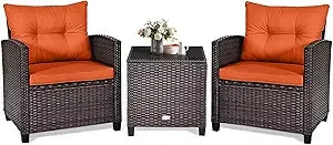 3 Piece Patio Furniture Set, Outdoor Conversation Set with Washable Cushions & Tempered Glass Tabletop, PE Rattan Wicker Bistro