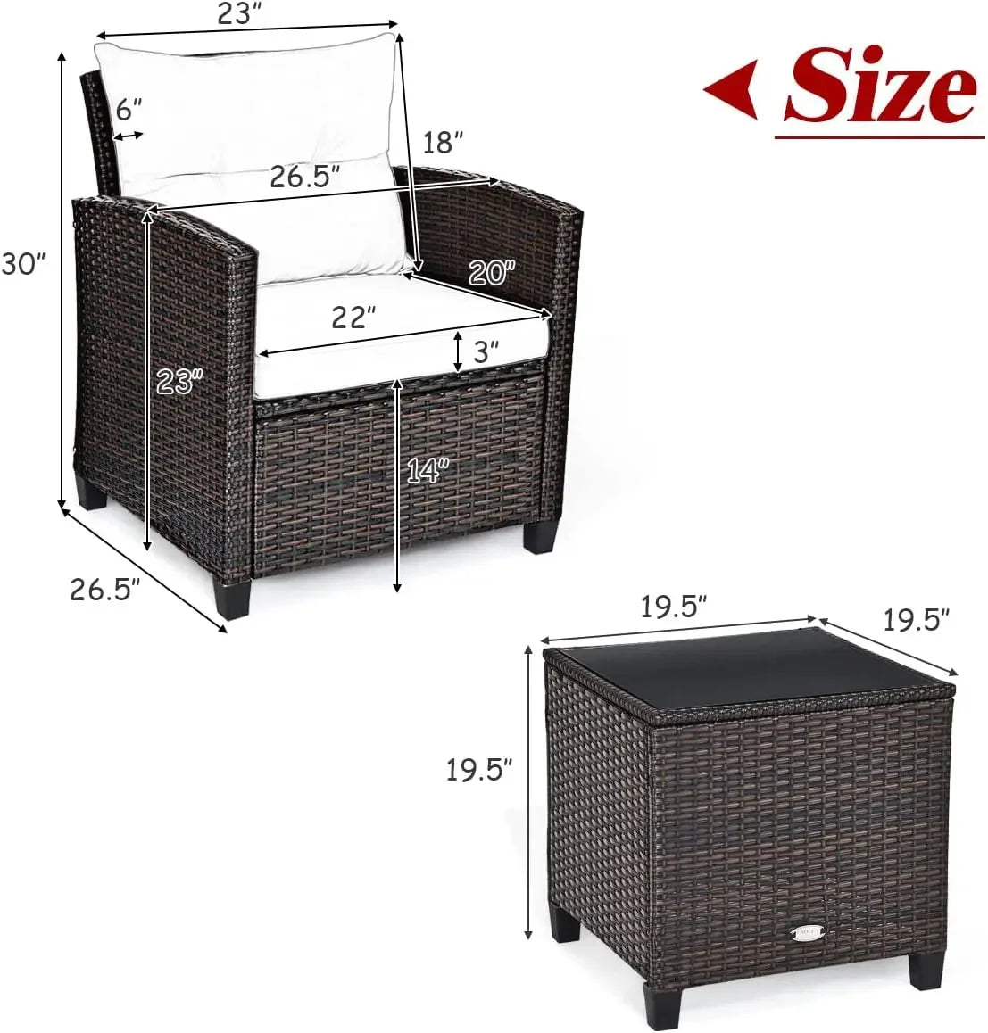 3 Pieces Patio Furniture Set, PE Rattan Wicker 3 Pcs Outdoor Sofa Set w/Washable Cushion and Tempered Glass Tabletop