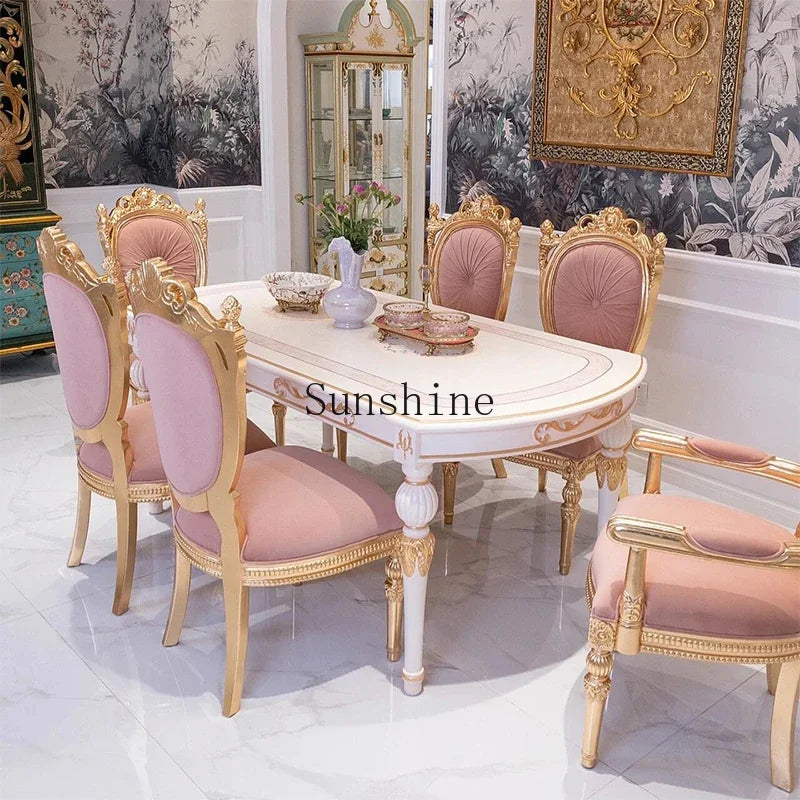French court style solid wood dining table and chair combination light luxury romantic style household oval  FT