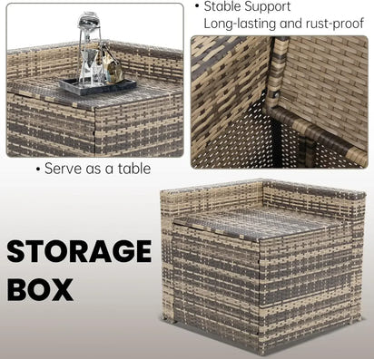 --8 Pieces Outdoor Wicker Rattan Patio Furniture Sectional Set, Glass Top Table with Hidden Storage, Oversized Cushions.sofa Bed