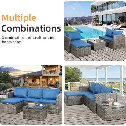 Outdoor Patio Furniture Sets, 3-Piece Patio Seating Sofas with Glass Coffee Table and Cushion, Garden Furniture Set