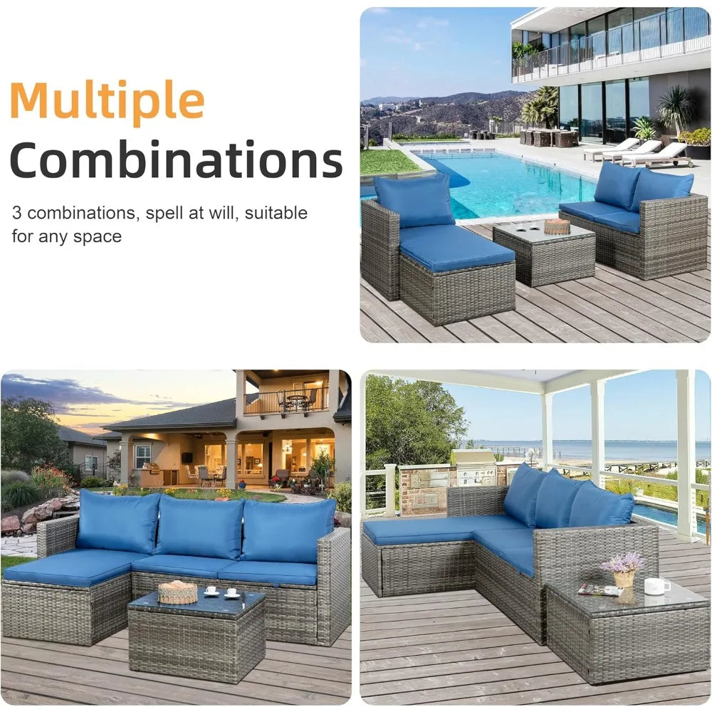 Outdoor Patio Furniture Sets, 3-Piece Patio Seating Sofas with Glass Coffee Table and Cushion, Garden Furniture Set