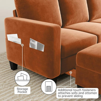 Sectional Sofa and Couches for Living Room, 78'' Orange 3 Seat L-Shaped Couch with Movable Ottoman, Comfy Velvet Convertible Sec