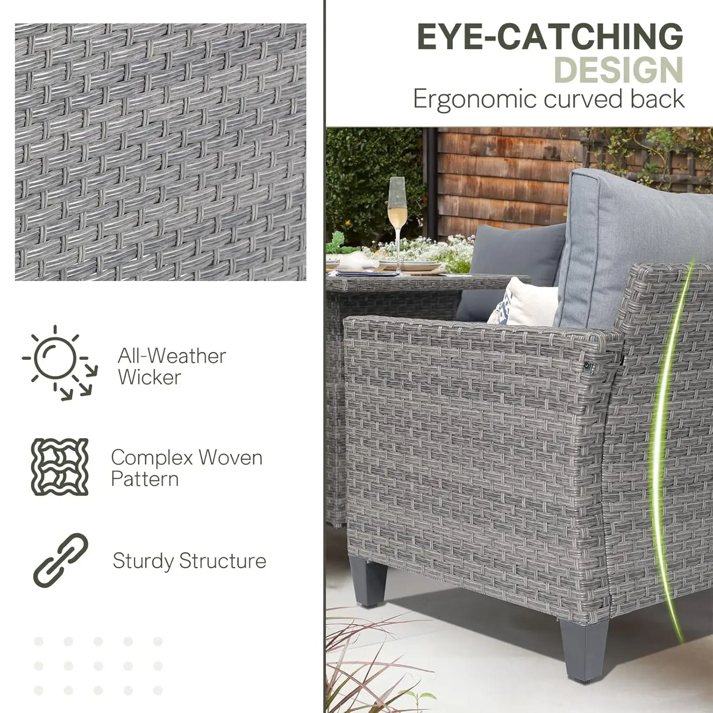 6pcs Grey PE Rattan Outdoor Sectional Sofa Set Lift Table Dining Ottoman Weatherproof Garden Backyard Poolside Customized