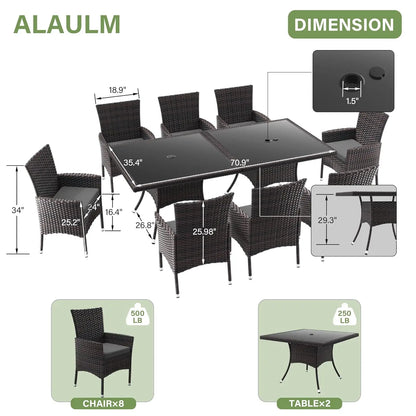 10 Piece Patio Dining Set All-Weather Wicker Outdoor Patio Furniture Set w/Tempered Glass Tabletop, Removable Cushions and Umbre