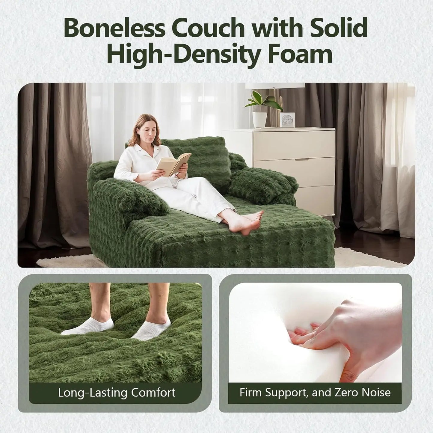 Green Boneless Couch Oversized Reading Chair Upholstered Bubble Fleece Cloud Couch Sofa Recliner Bed