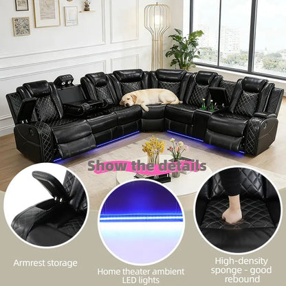 Breathing Leather Reclining Soa Set,Power Recliner Sectional Couch with LED Light,ern Living Room urniture Set,Reclining Section