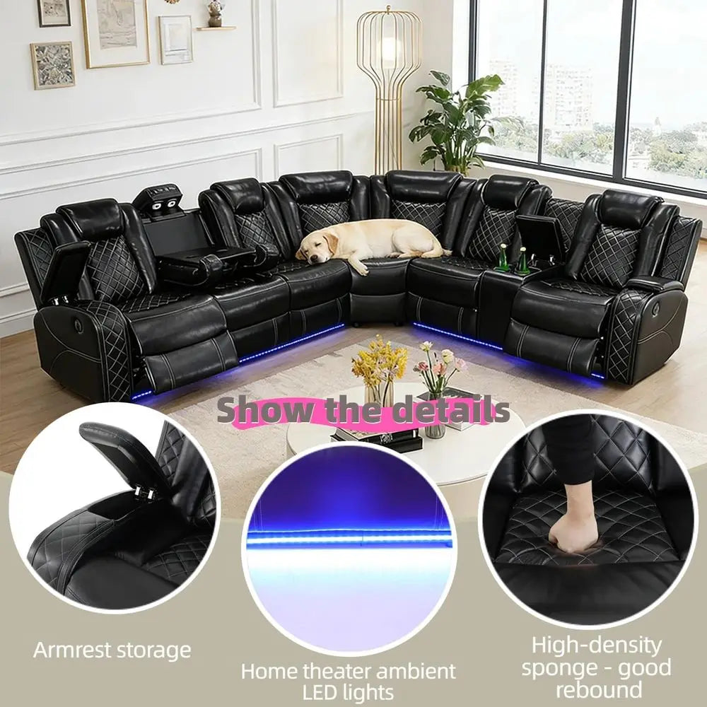 Breathing Leather Reclining Soa Set,Power Recliner Sectional Couch with LED Light,ern Living Room urniture Set,Reclining Section
