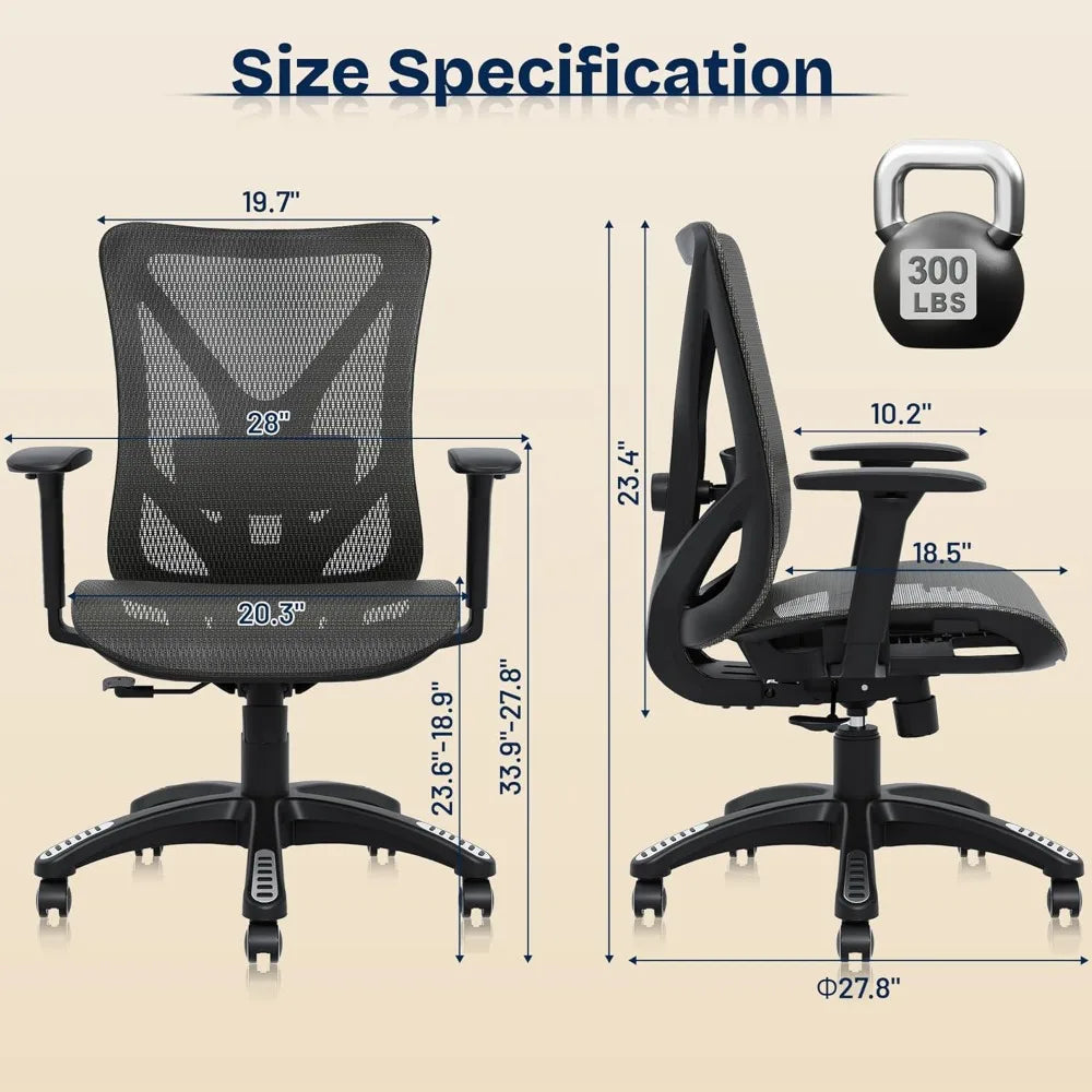 Adjustable Ergonomic Office Chair with Mesh Seat, Lumbar Support, 3D Armrests, and Tilt Mechanism