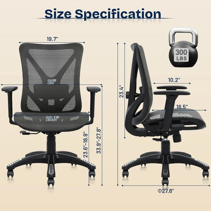Adjustable Ergonomic Office Chair with Mesh Seat, Lumbar Support, 3D Armrests, and Tilt Mechanism