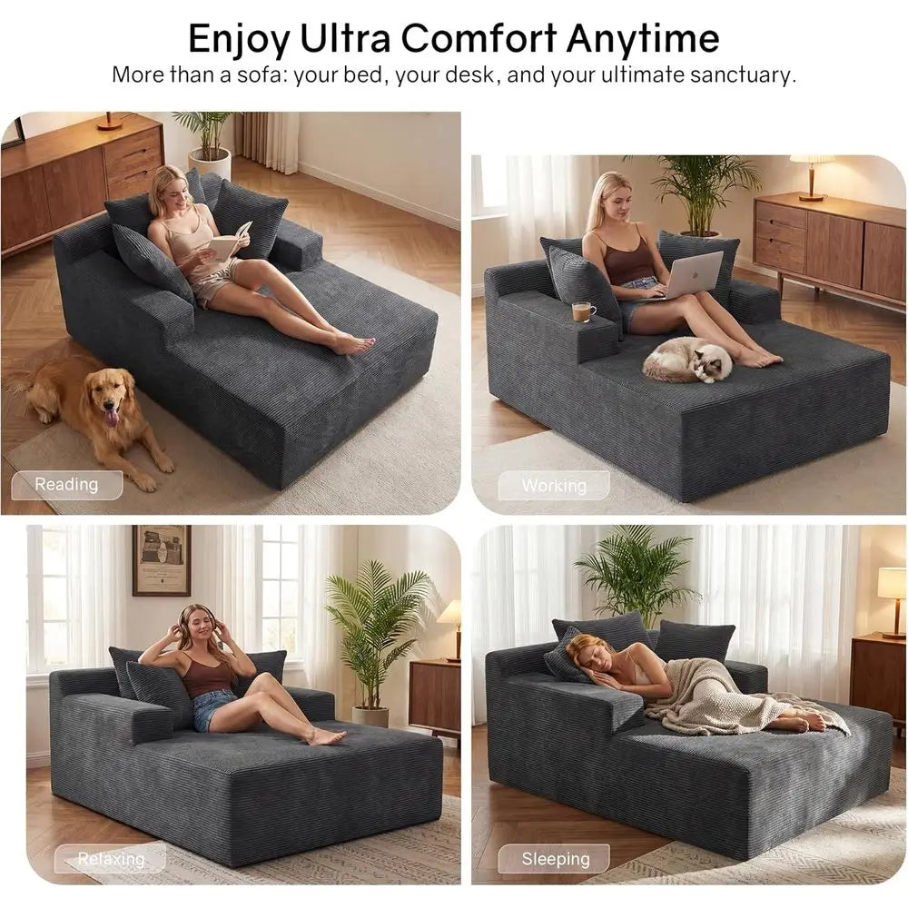 66 Oversized Chaise Lounge Chair Indoor, Plush Corduroy Cloud Reading Chair, 3 Pillows Included, Deep Seat Sleeper Couch for Liv