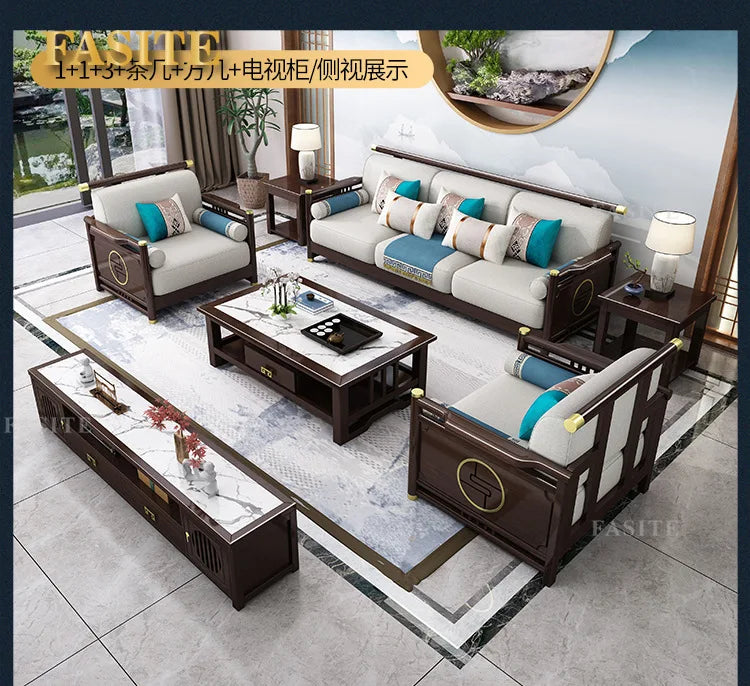 New Chinese-style solid wood sofa combination modern simple Zen Chinese style living room concubine corner wooden light luxury