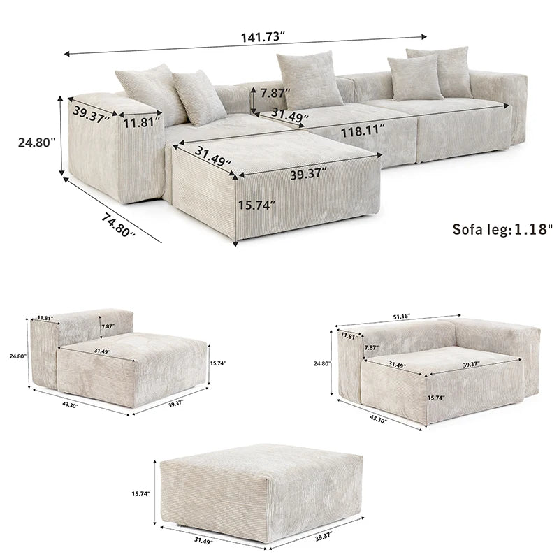 Sdorens 141.73'' L Shape Sectional Sofa Corduroy Fabric Couches Oversized 3 Seater Couch with 1 Ottomans for Living Room Set