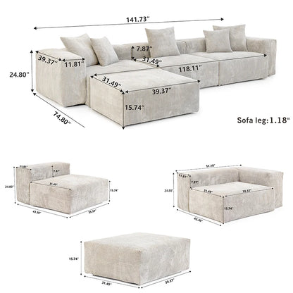 Sdorens 141.73'' L Shape Sectional Sofa Corduroy Fabric Couches Oversized 3 Seater Couch with 1 Ottomans for Living Room Set