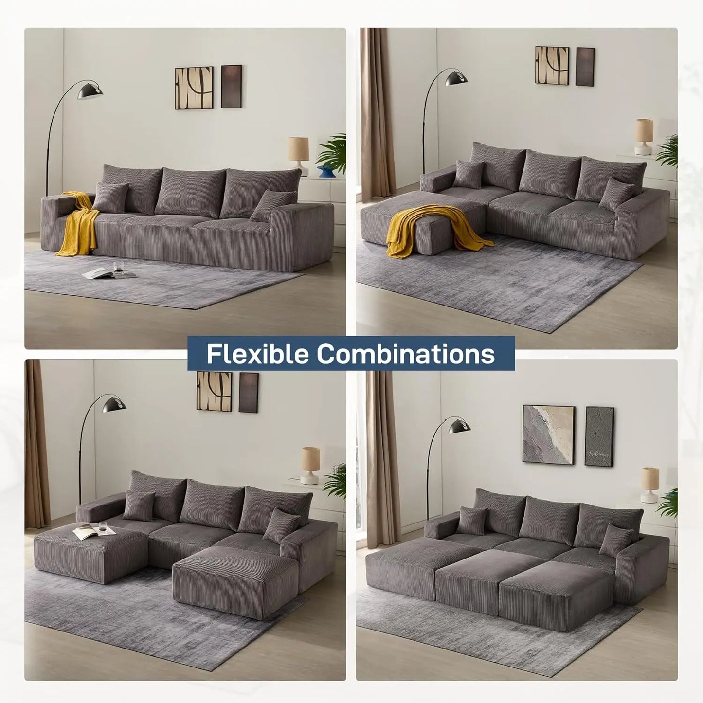 Cloud Boneless Sofa Couches for Living Room-113'' Gray 3 Seater Lounge Modern Sleeper Couch-No Assembly Required