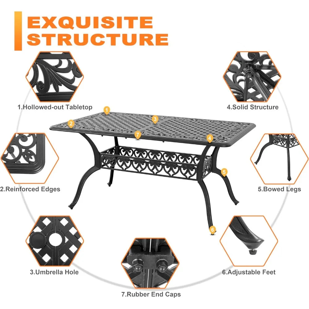60" outdoor dining table with 2.09" umbrella hole, all weather cast aluminum outdoor patio table, 6-8 person rectangle dining t
