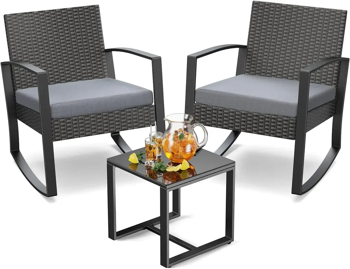 2025New3 Piece Wicker Patio Furniture Set, Outdoor Rocking Chairs, Outdoor Furniture with Table & Cushions, Patio Chairs Balcony