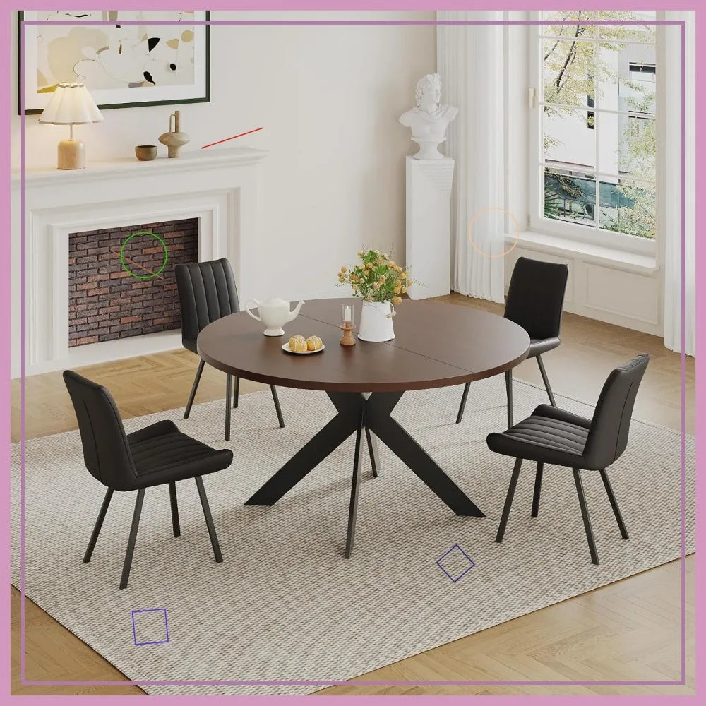 Mid-Century Modern Round Dining Table Set for 4, Walnut Wood Table & Black Chairs, Small Space Furniture