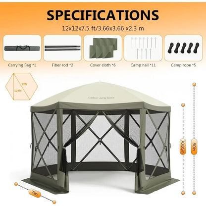 Feet Pop Up Canopy Tent, 6-Sided Portable Gazebo with Mosquito Netting and Removable Wind Cloths, Large Shelter Tent for Outdoo