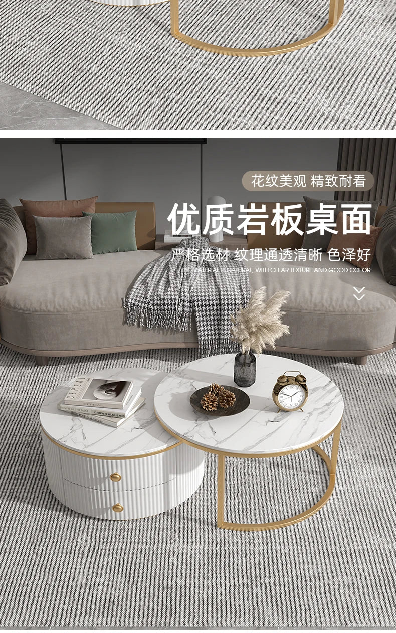 Rock slab coffee table round light luxury TV cabinet combination living room household marble size round