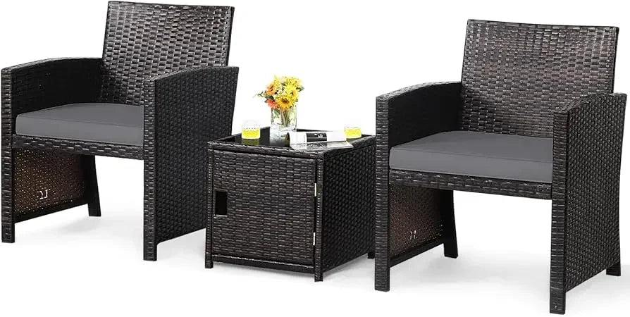 3 Piece Outdoor Bistro Set, PE Wicker Patio Conversation Set with Side Storage Table with Door, Soft Cushions and Pro
