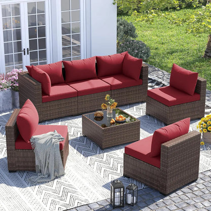 Furniture Set, 7 Piece Sectional Sofas with Wicker Coffee Table, Conversation for Garden, Backyard, Dark Grey, Customized