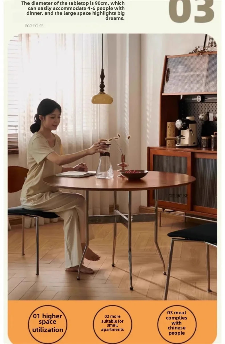 Stainless Steel Solid Wood Round Dining Tables Home Small Round Table for Kitchen Furniture Medieval Style Retro Folding Table