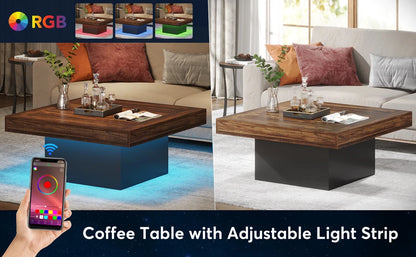 Tribesigns Coffee Table Square LED Coffee Table Engineered Wood Low Coffee Table for Living Room Rustic Brown & Black