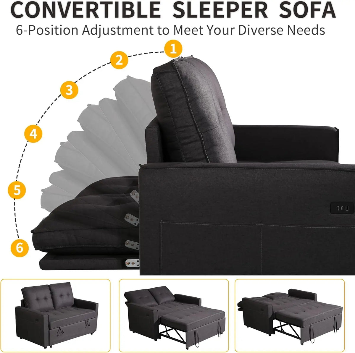 Convertible Sofa Bed with USB, Reclining Backrest & Storage Pockets - 3-in-1 Sleeper for Small Spaces (Dark Grey)