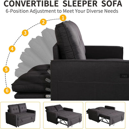 Convertible Sofa Bed with USB, Reclining Backrest & Storage Pockets - 3-in-1 Sleeper for Small Spaces (Dark Grey)