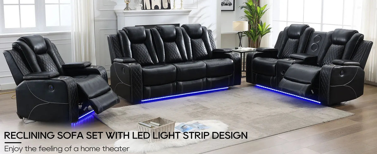 Power Recliner Sofa Sectional Sofa with LED Light for Living Room, Air Leather Reclining Corner Sectional Sofa Set