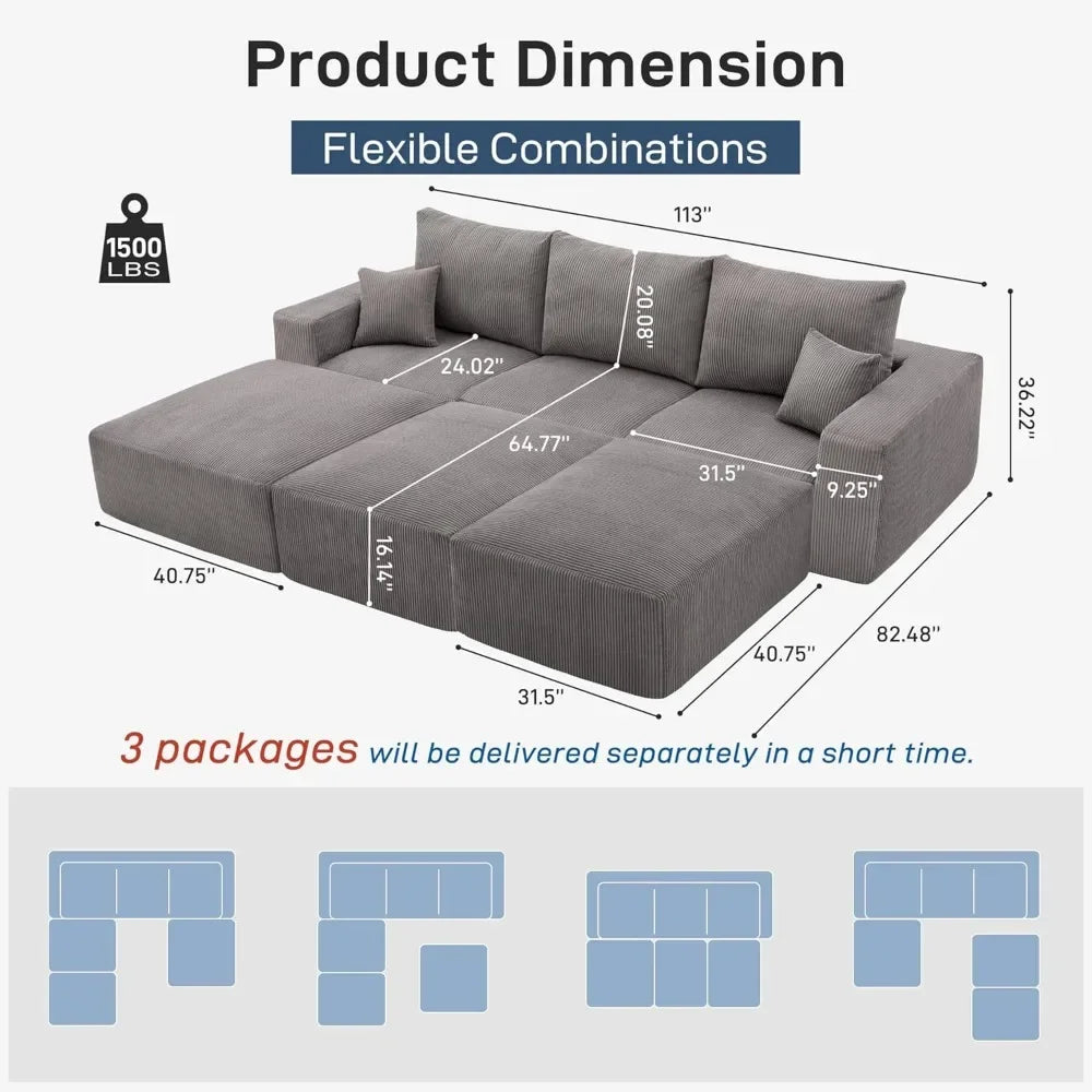 L-Shaped 3-Seat Sleeper Sofa Couch for Living Room - 113 Sectional Lounge, Corduroy Cover, Easy Setup