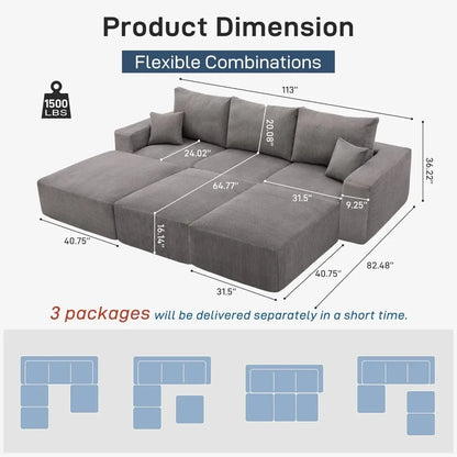 L-Shaped 3-Seat Sleeper Sofa Couch for Living Room - 113 Sectional Lounge, Corduroy Cover, Easy Setup