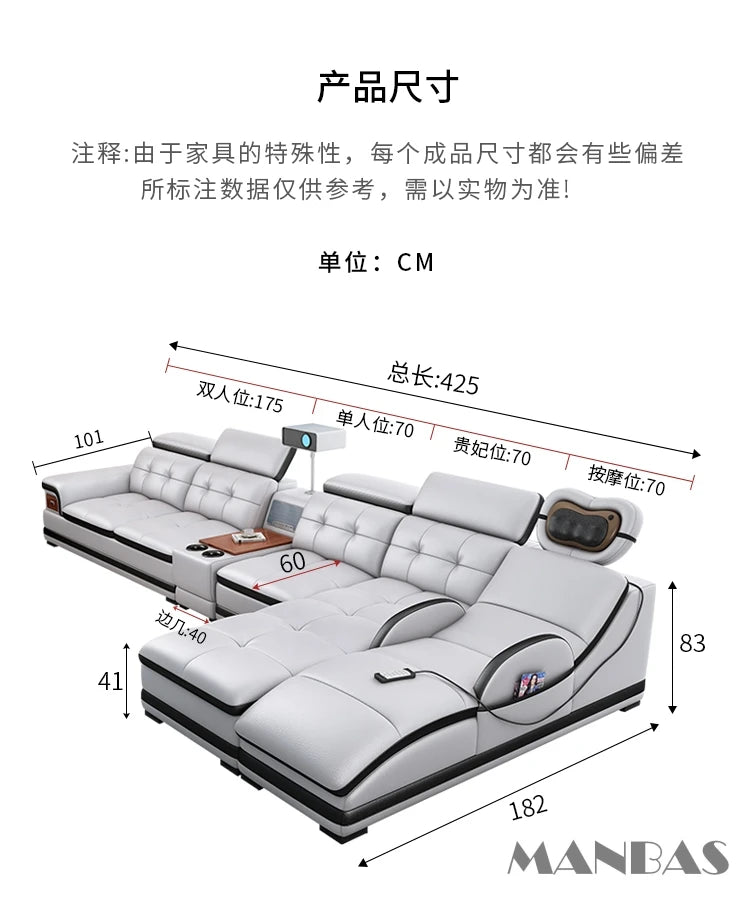 Linlamlim Luxury Genuine Leather Sectional Sofa with Adjustable Headrests, Projector, Speaker and Storage for Living Room Couch