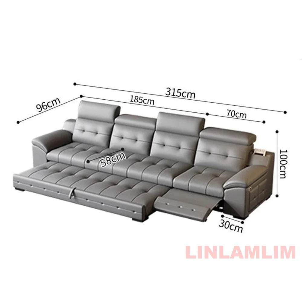 Electric Reclining Sectional Sofa Bed with Cup Holder & Adjustable Headrests – Italian Genuine Leather Convertible Sleeper Couch