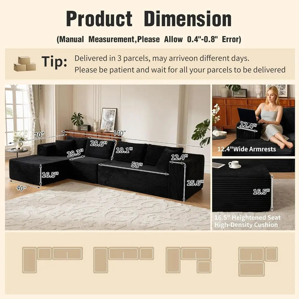 Oversized L-Shaped Memory Foam Sleeper Sectional Sofa