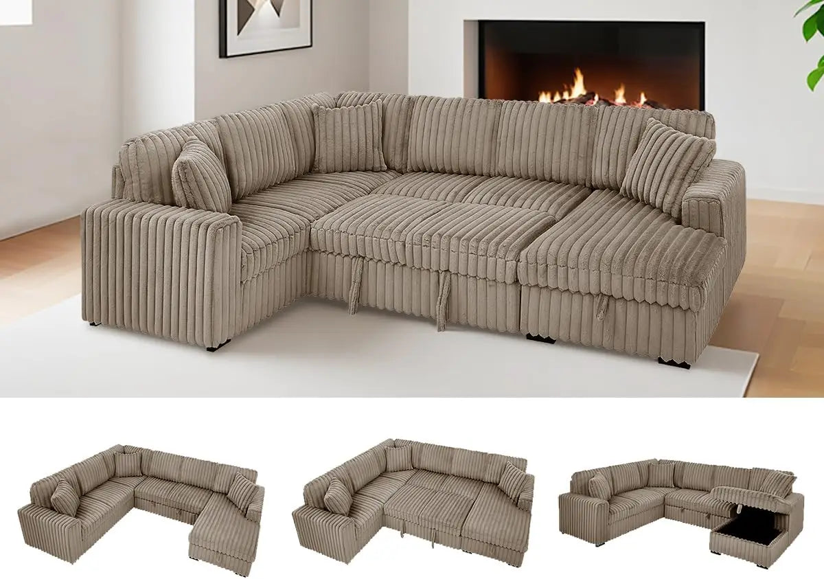 TODRANI 122'' Sectionl Sleeper Sofa, U Shape Sectional Sofa with Pull Out Couch and Storage Chaise&USB Ports