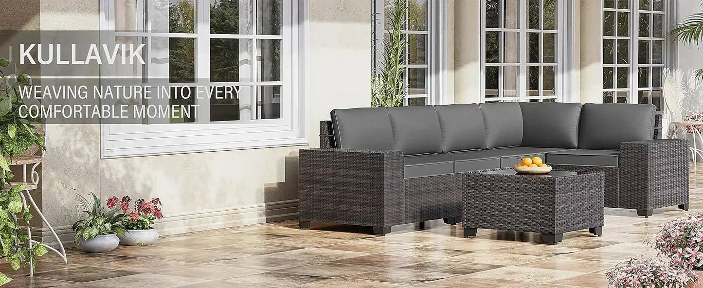 YND6-WQQkulavik 6PCs outdoor furniture set PE Wicker rattan sectional sofa patio conversation sets. navy blue