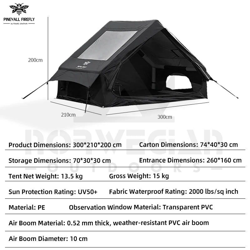 Outdoor inflatable camping tent with a panoramic skylight, suitable for activities such as camping, hiking, and fishing.