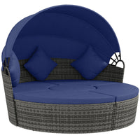 4 Piece Round Rattan Daybed, Convertible Patio Furniture Set, Adjustable Sun Canopy, Sectional Outdoor Sofa, 2 Chairs