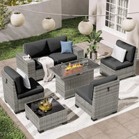 7 PCS Outdoor Sectional Conversation Set with 44" Propane Gas Firepit Table and Widen Wicker Armrests for Patio Furniture