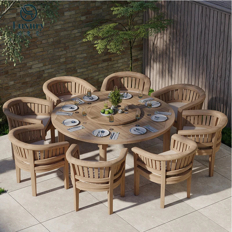 Modern Patio Furniture Set Solid Teak Wood Round Outdoor Table Set 8 Seats Garden Table Sets